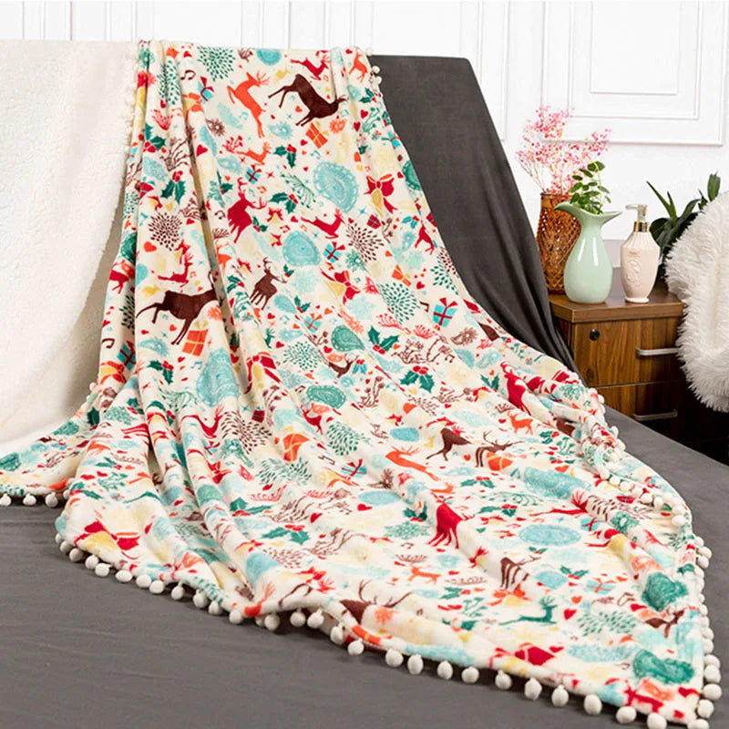 DecorBites™ Christmas Flannel Blanket with Plush Ball - Multi-Functional Winter Shawl & Cushion
