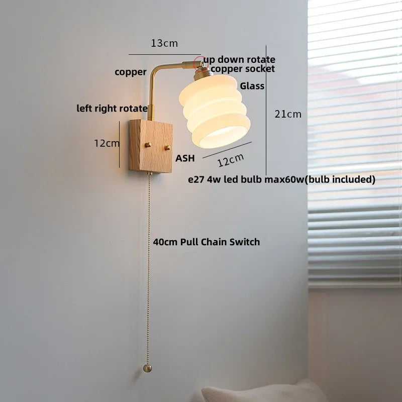 DecorBites™ Ash Wood LED Wall Light Fixture with Pull Chain Switch, Modern Nordic Design