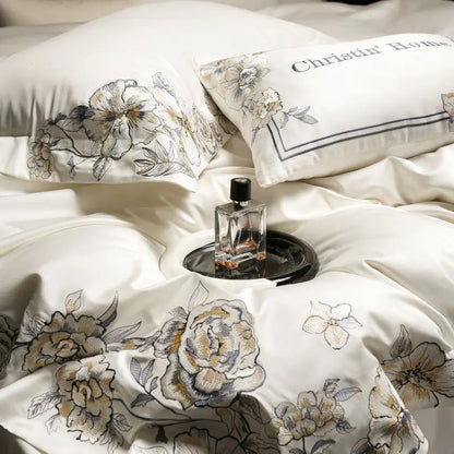 Decobites Luxe Embroidered Cotton Bedding Set: Duvet Cover, Pillowcases, Flat Sheet