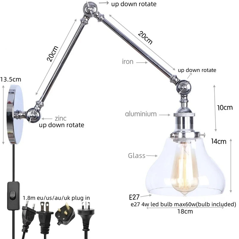 DecorBites™ Chrome Industrial LED Wall Sconce Swing Arm Clear Glass Lamp