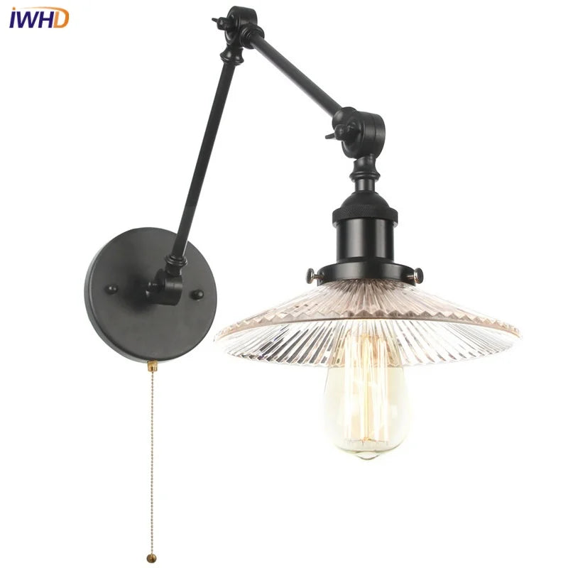 DecorBites™ Industrial Loft Swing Arm Wall Sconce Clear Glass Pull Chain Switch Bedside Lamp