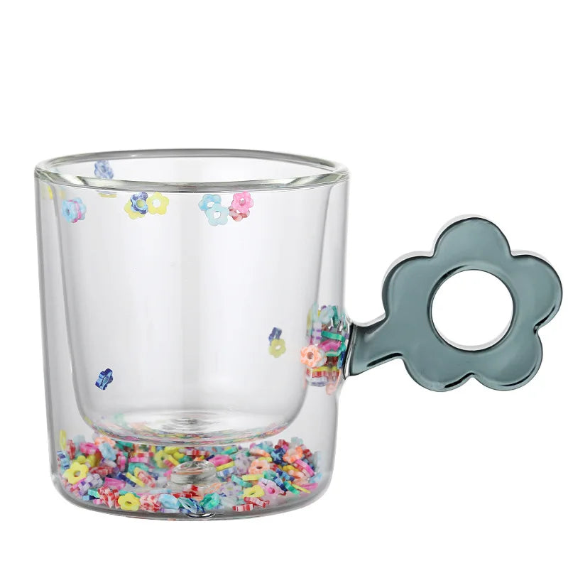 DecorBites™ 250ml Double Wall Glass Mug with Glitter Flowers and Flower Handle