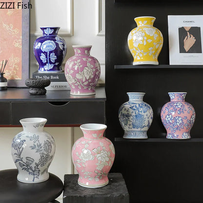 DecorBites™ Blue & White Porcelain Vase Pot for Stylish Room Aesthetic Decor & Flowers