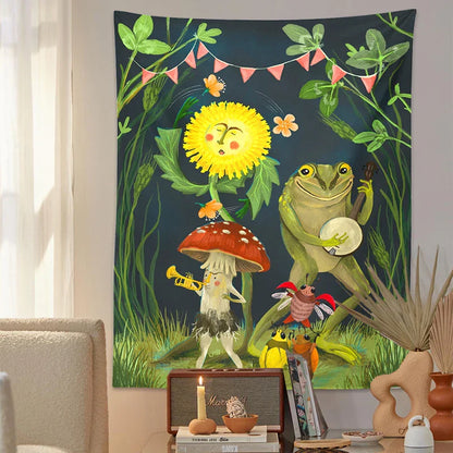 Frog Mushroom Tapestry Wall Hanging by Decobites: Psychedelic Forest Animals Gathering Art Home Decor