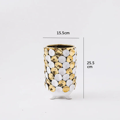 Jarrón de cerámica DecorBites™ con relieve geométrico de pan de oro - Elegante maceta con apliques hechos a mano para decoración del hogar