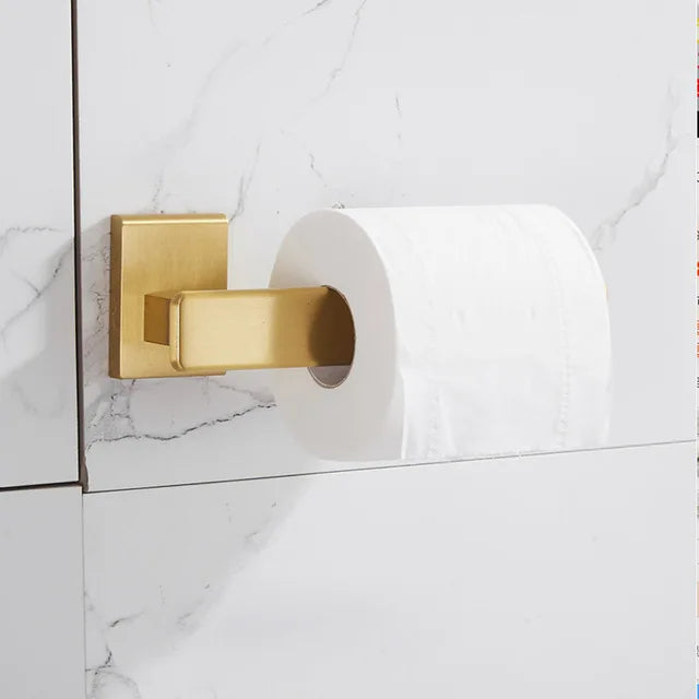 DecorBites™ Brushed Gold Bathroom Set: Shelf, Towel Rack, Holder, Toilet Brush - Bath Hardware