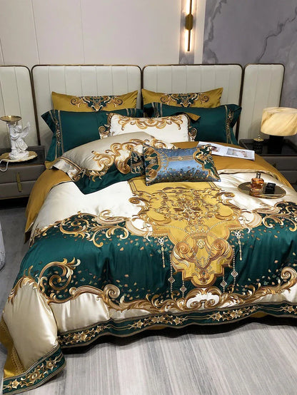 Decobites Luxe Vintage Brocade Cotton Gold Embroidered Bedding Set