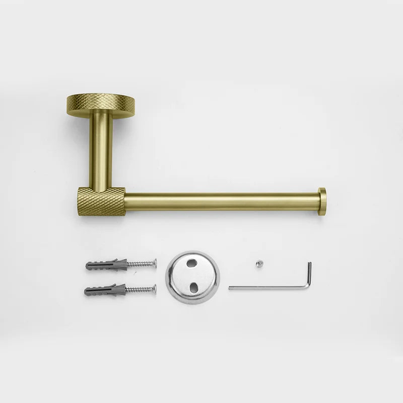 Conjunto de Hardware Decorbites™ Gold: Barra de Toallas, Soporte para Papel Higiénico, Gancho para Batas, Colgador de Tazas