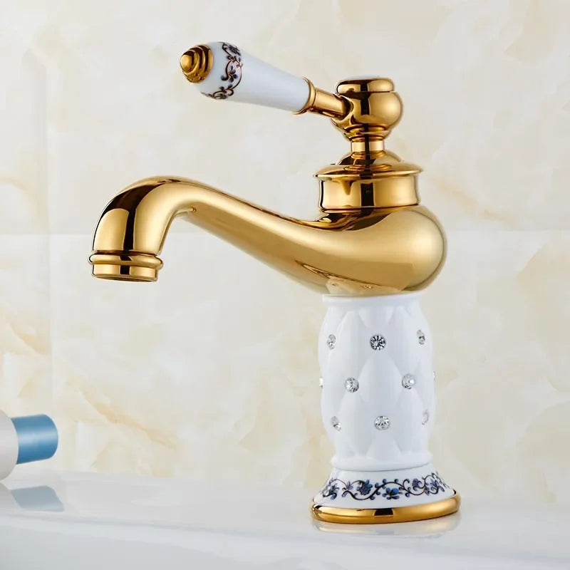Grifo de Lavabo de Latón Dorado Decorbites™ con Diamante, Monomando Mezclador de Agua Caliente y Fría