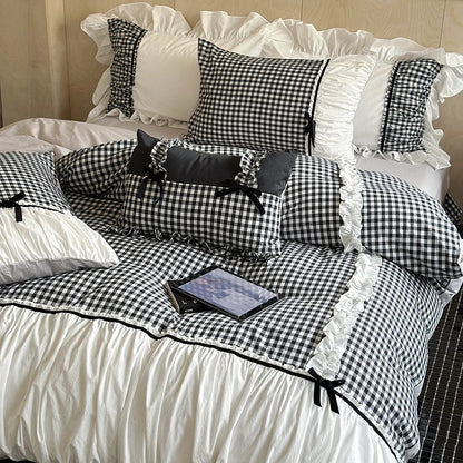 Decobites Checkered Ruffle Pleat Bedding Set with Bow Decoration