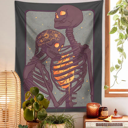 Decobites Skull Lover Heart Couple Psychedelic Tapestry Wall Hanging Bouquet Blanket