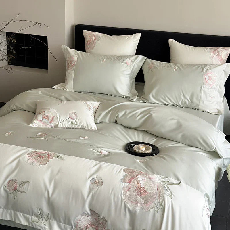 Decobites Pink Flowers Embroidery Luxe Bedding Set: 1000TC Egyptian Cotton Duvet Cover, Bed Sheet, Pillowcases