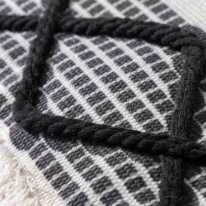 DecorBites™ Boho Tufted Fringed Black White Geometry Printed 45x45cm Pillowcase