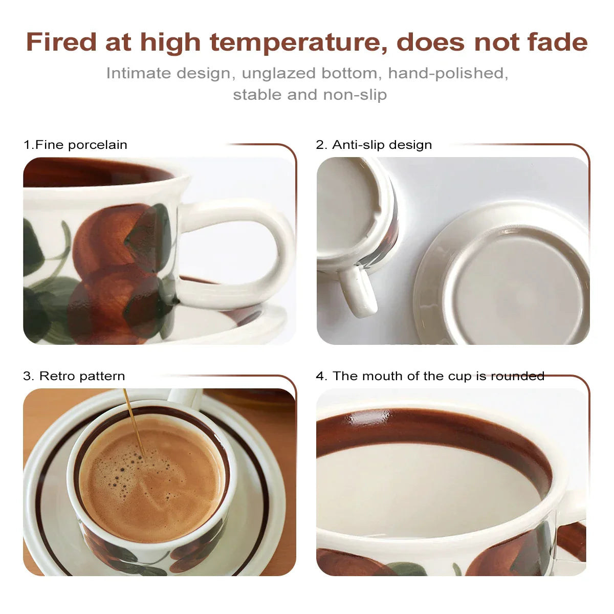 DecorBites™ Hand-Drawn Ceramic Espresso Cup with Saucer, 8oz Cappuccino Cups