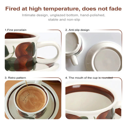 DecorBites™ Hand-Drawn Ceramic Espresso Cup with Saucer, 8oz Cappuccino Cups