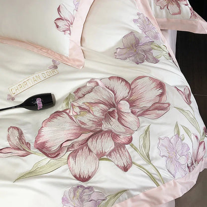 Decobites Blooming Flowers Embroidery Bedding Set 600TC Egyptian Cotton Duvet Cover Queen King