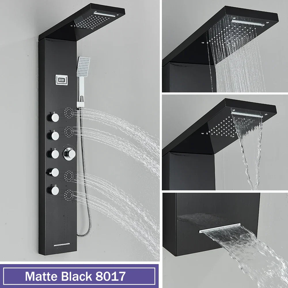 DecorBites™ Black Massage Jet Rainfall Shower Panel with Temperature Display 5 Modes
