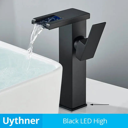 Grifo mezclador de agua fría y caliente con cascada LED DecorBites™ para lavabo de baño, montaje sobre encimera