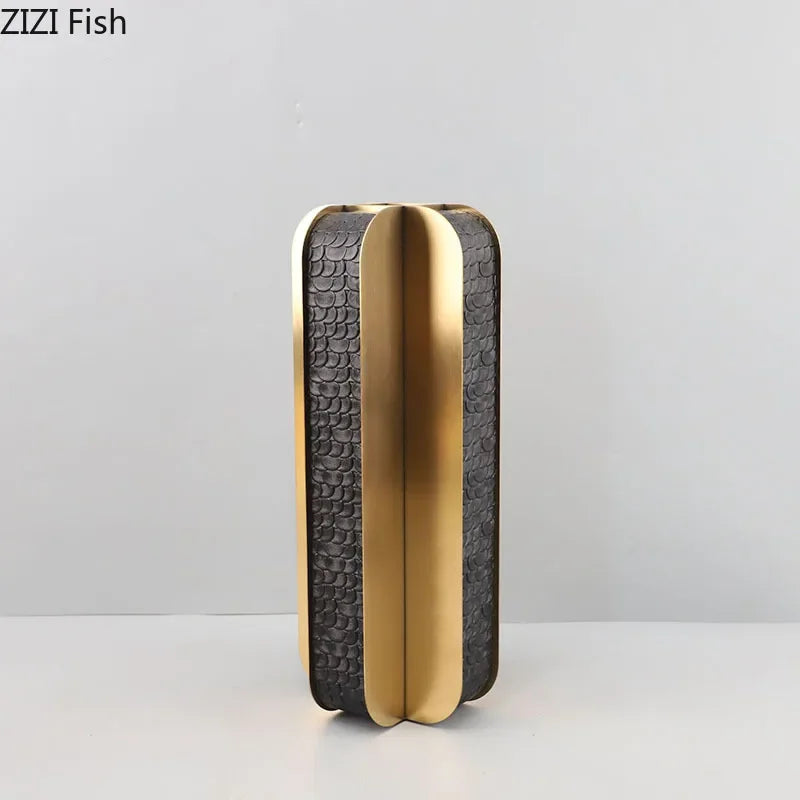 DecorBites™ Golden Geometry Vase Artificial Flower Desk Decor - Leather Floral Room Aesthetic