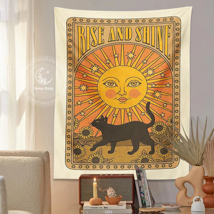 Sun Cat Tarot Tapestry by Decobites: Vintage Boho Wall Art for Witchcraft and Hippie Decor