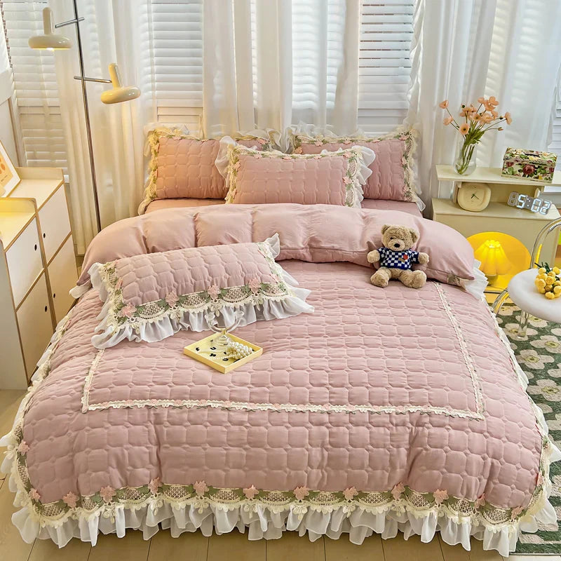 Decobites Korean Princess Bedding Set: Flowers, Lace, Ruffles, Embroidery, Quilted, Duvet Cover, Bedspread