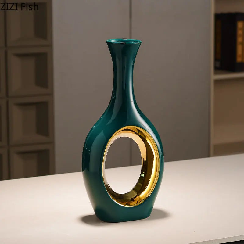 DecorBites™ Gold Ceramic Vase with Artificial Flowers | Table Decoration | Room Aesthetic Decor