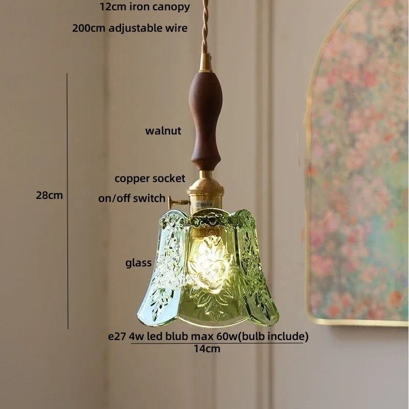 DecorBites™ Green Glass LED Pendant Lamp | Modern Nordic Wood Walnut | Brass Knob Switch | Hanging Light