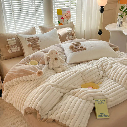 Decobites Rabbit Velvet Bedding Set: Single Queen King Size Plush Duvet Cover, Bed Sheet, Pillowcases