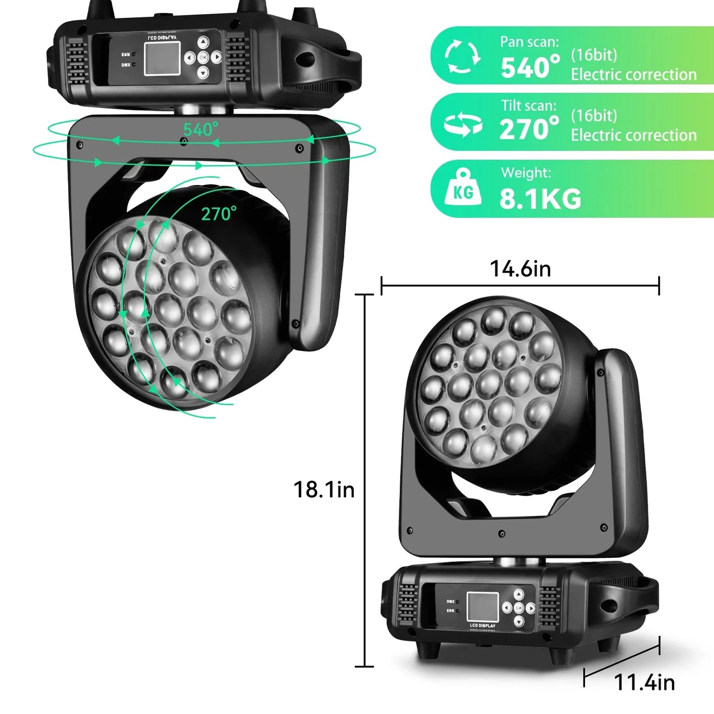 DecorBites™ LED Moving Head 19x15W RGBW 4-in-1 Beam Wash/Zoom Light - DMX512 Control