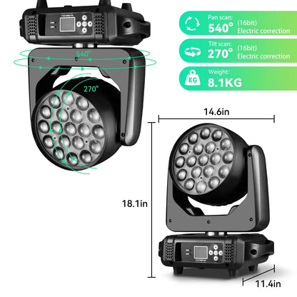 DecorBites™ LED Moving Head 19x15W RGBW 4-in-1 Beam Wash/Zoom Light - DMX512 Control