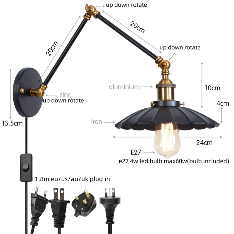 DecorBites™ Gold LED Industrial Wall Lamp with Pull Chain Switch