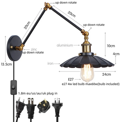 DecorBites™ Gold LED Industrial Wall Lamp with Pull Chain Switch
