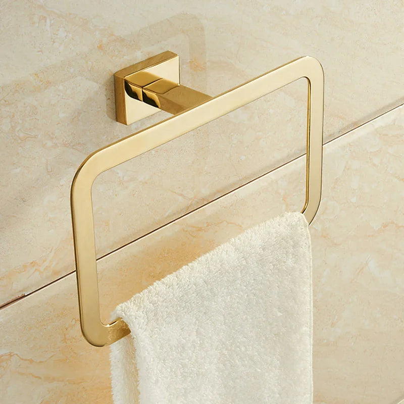 Conjunto de 4 piezas de herrajes para baño en latón dorado Decorbites™: Barra de toallas, Anillo para toallas, Soporte para papel higiénico, Gancho para batas