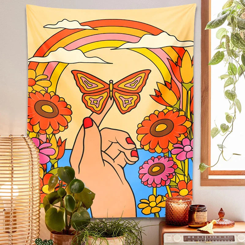 Decobites Butterfly Rainbow Tapestry Wall Hanging: 70s Vintage Retro Flower Child Psychedelic Art