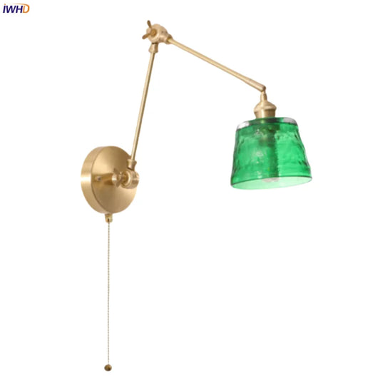 DecorBites™ Green Glass LED Wall Lamps Pull Chain Vintage Brass Home Decor