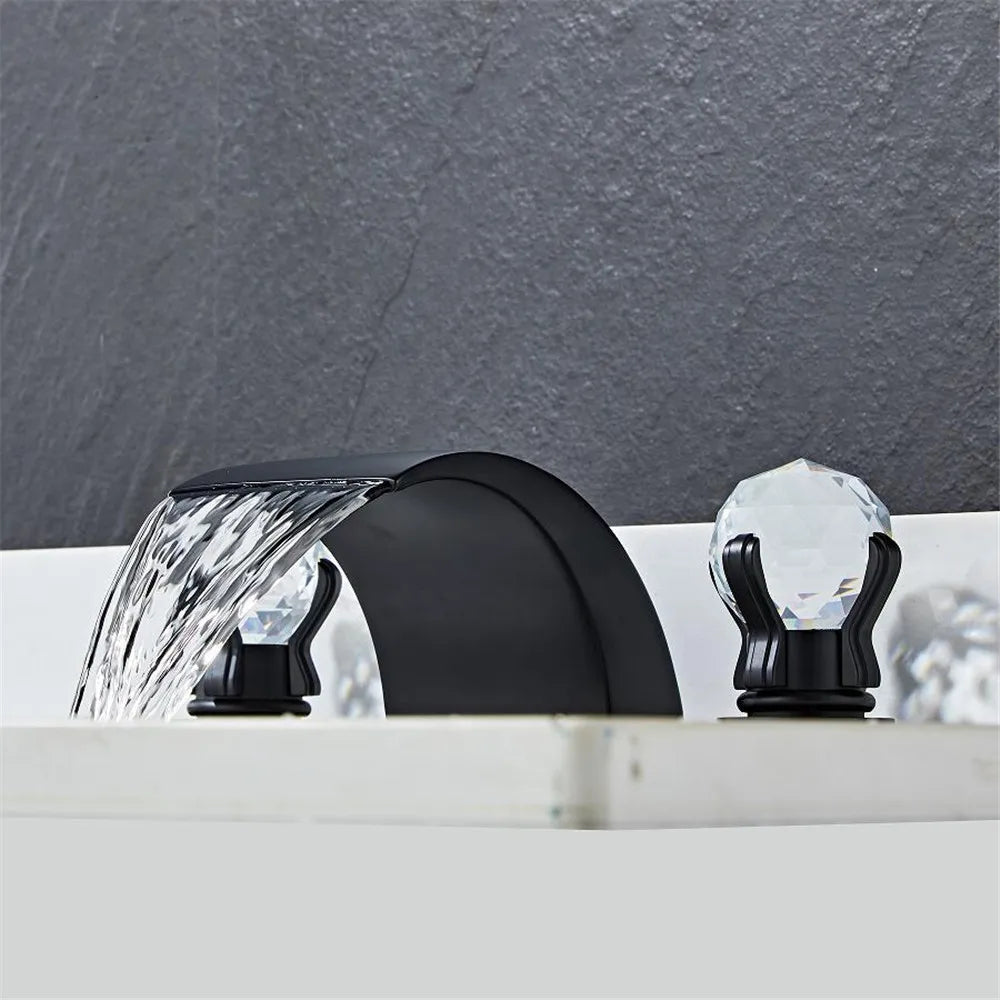 DecorBites™ Black Basin Faucet: Brass Gold Crystal Sink Faucet, 3 Hole Waterfall Tap