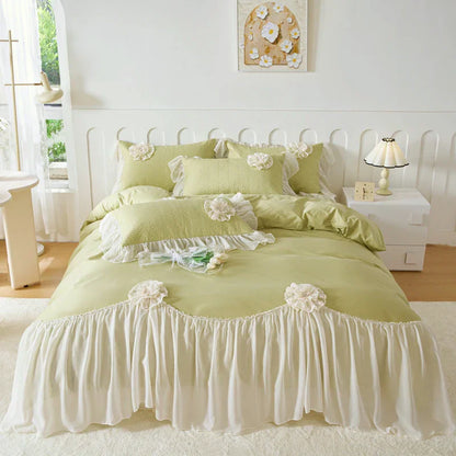 Decobites Princess Style Cotton Bedding Set with Flowers, Lace Ruffles, and Quilted Details