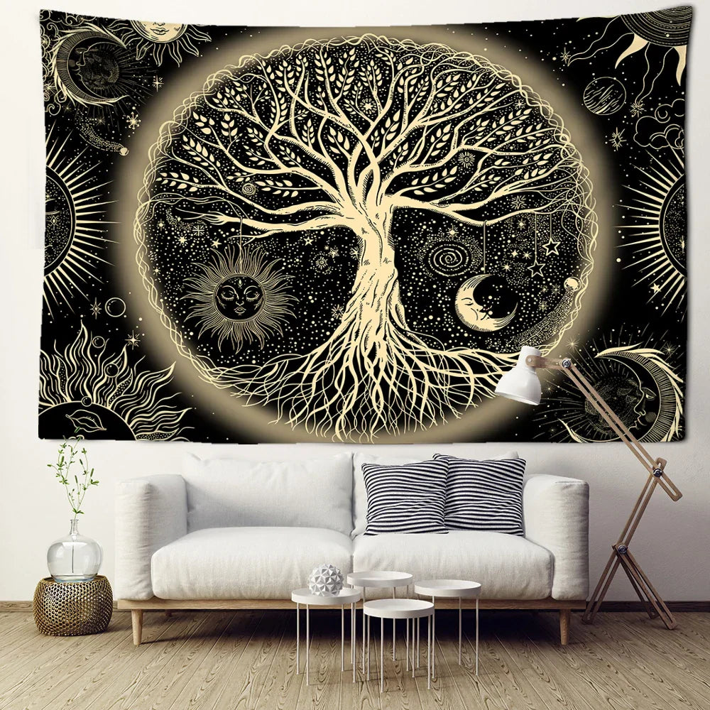 Starry Sky Sun Moon Life Tree Tapestry Decobites Wall Hanging - Boho Hippie Room Decor