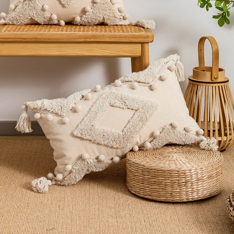 DecorBites™ Beige Wabi-sabi Tufted Fringed Geometric Tassel Cotton Linen Pillow Cover