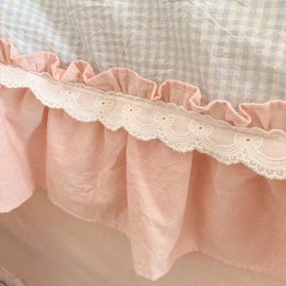 Decobites Blue Pink Lattice Bedding Set: Princess Ruffles Bow, 100% Cotton Quilt Cover, Sheet, Pillowcases