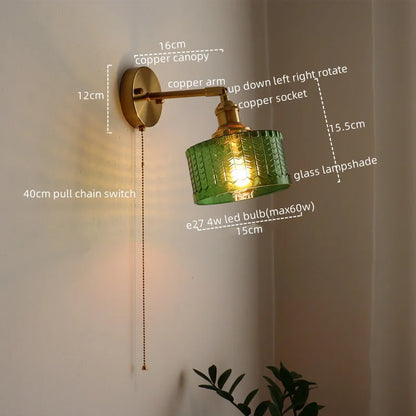 DecorBites™ LED Glass Copper Wall Sconce Pull Chain Switch Lamp for Bedroom Living Room