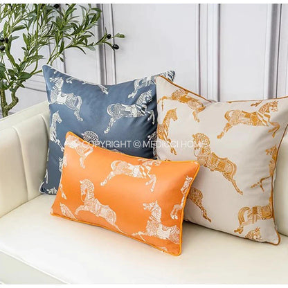 DecorBites™ Gold Faux Silk Horses Jacquard Cushion Cover, Soft Chinese Style Throw Pillow Case