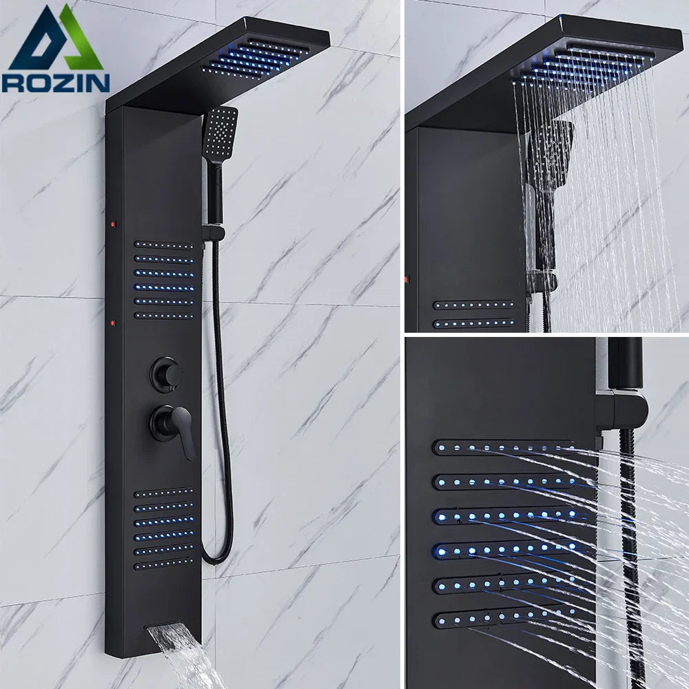 Columna de ducha DecorBites™ negra con iluminación LED, chorros de masaje y grifo mezclador tipo cascada