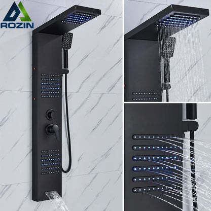 Columna de ducha DecorBites™ negra con iluminación LED, chorros de masaje y grifo mezclador tipo cascada