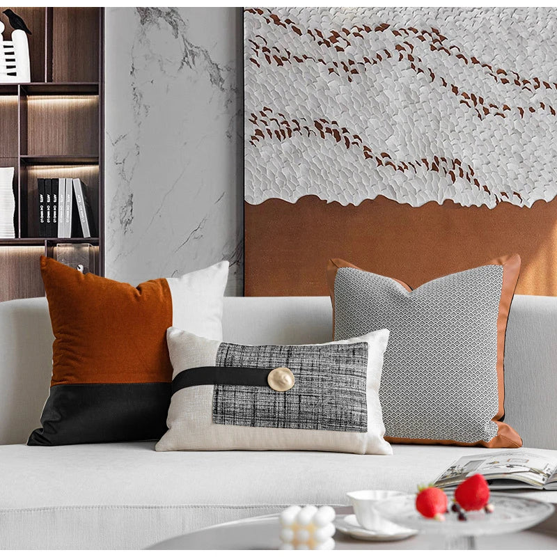 DecorBites™ Luxe Flannelette Leather Patchwork Cushion Covers for Modern Home Decor