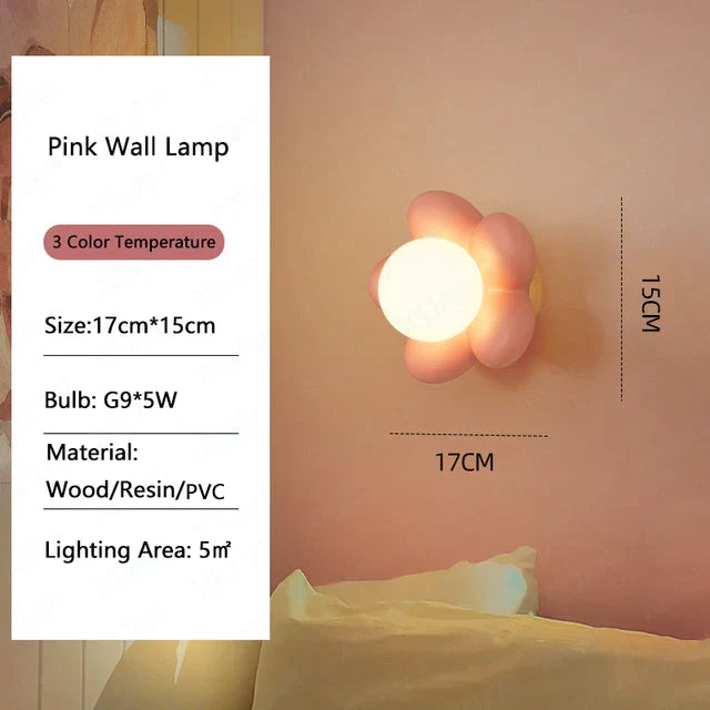 Lámpara de pared de resina de flores para niños Decorbites™ con bombilla LED G9 en blanco y rosa, decoración creativa para dormitorio