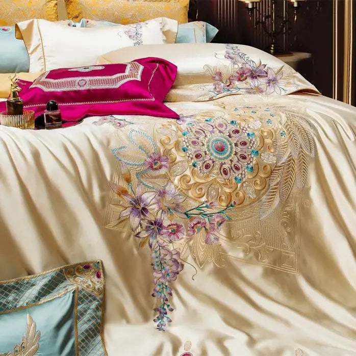 Luxurious Palace Flowers Embroidery Champagne Gold Brocade Bedding Set by Decobites