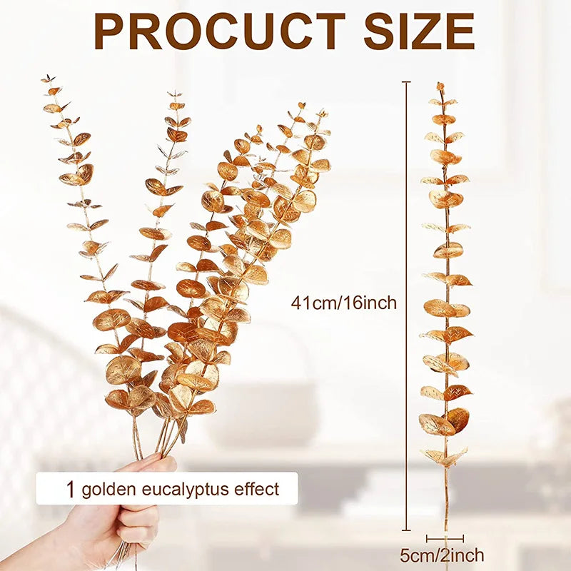 DecorBites™ Golden Eucalyptus Leaves Stem x10 - Artificial Autumn Wedding DIY Decoration