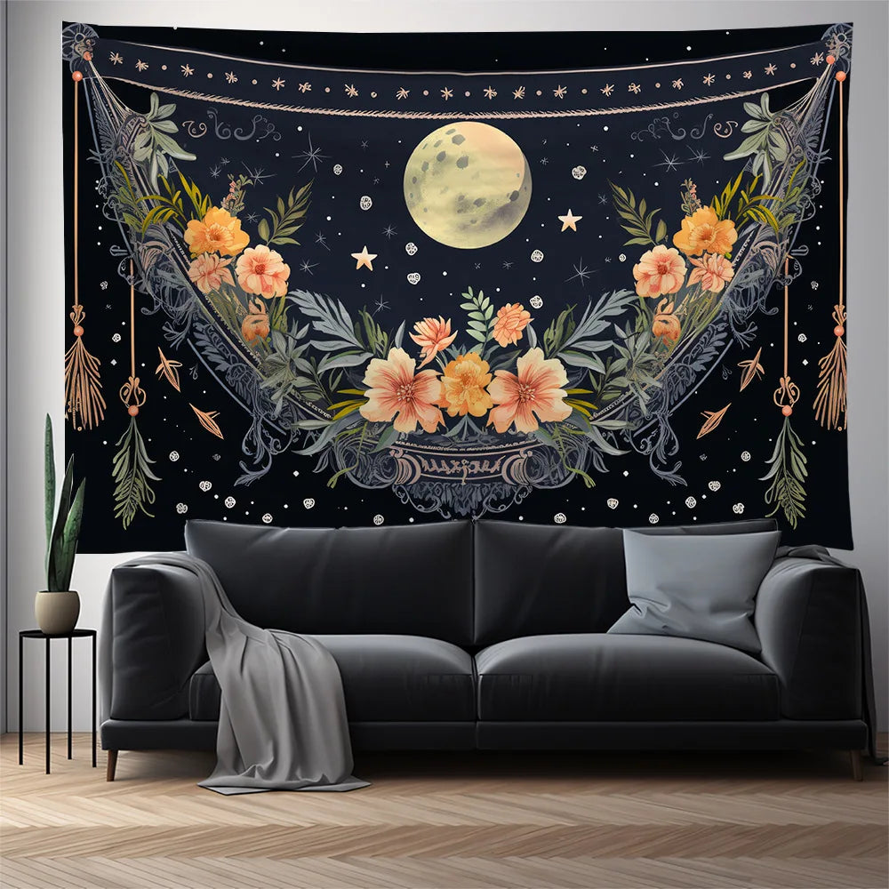 Decobites Moon Phase Nordic Flower Wall Hanging Tapestry