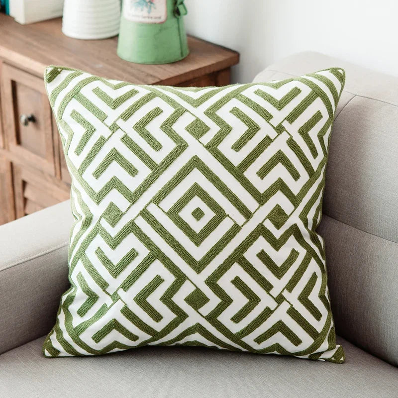 DecorBites™ Green Geometric Canvas Cotton Embroidered Cushion Cover 45x45cm